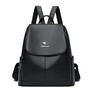 Classic black faux leather backpack with kangaroo logo and large capacity for women
