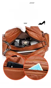 Détail de l'intérieur du sac en cuir marron avec plusieurs compartiments et fentes pour cartes