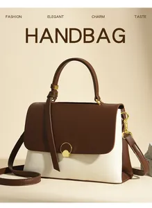 Dettaglio di borsa bicolore marrone e beige con chiusura dorata su sfondo decorativo
