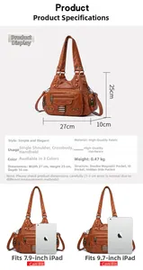 Vue détaillée du sac en cuir marron avec dimensions et grande capacité face à l'iPad