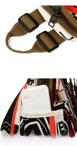 Détail d'un sac à dos imprimé avec poche latérale zippée et sangle réglable