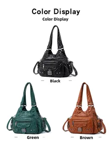 Vue détaillée de grands sacs cabas en cuir noir, vert et marron avec poches zippées