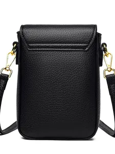 Borsa porta cellulare verticale in pelle nera a grana di litchi con ganci dorati