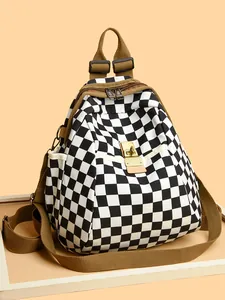 Sac à dos à motif damier à grande capacité en tissu Oxford avec boucle dorée