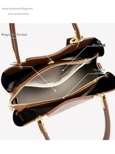 Internal structure of brown leather handbag featuring central zipper pocket and magnetic compartments
