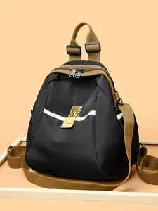 Sac à dos mode en tissu Oxford noir de grande capacité avec sangles brunes et boucle