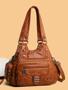 Sac à Épaule Mode Femme en Similicuir Lavé Rétro Grande Capacité Multi Poches Sac à Main Bandoulière Avec Rivets Casual Tote