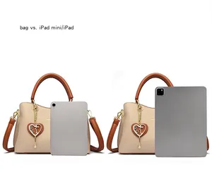 Größenvergleich der beigen Lederhandtasche mit iPad mini und iPad als Kapazitätsreferenz