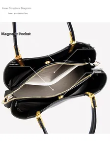Interior view of leather handbag showing compartments with gray lining and gold zippers