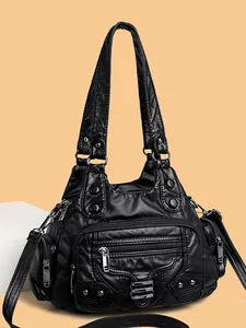 Sac à bandoulière vintage en cuir noir avec poches multiples et rivets argentés