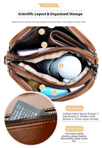 Top view detail of three-layer crossbody bag showing spacious interior compartments