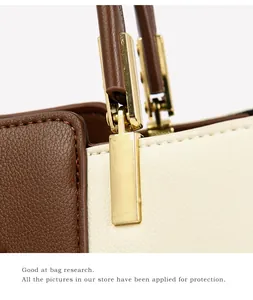 Macro view of gold hardware and lychee grain leather on brown and white handbag
