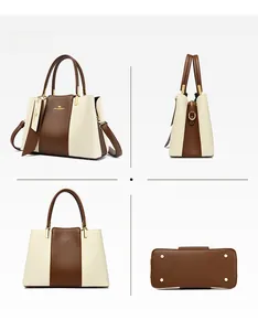 Four-angle view of leather tote bag showing sides, back, and studded bottom detail