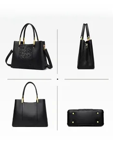 Four-angle view of black leather handbag with embossed floral details and gold hardware
