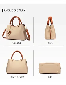 Detaillierte Vier-Winkel-Ansicht der khakifarbenen Ledertasche mit goldenen Beschlägen