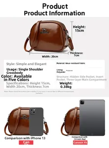 Size comparison of a brown leather crossbody bag with smartphone and tablet devices