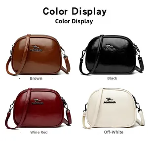 Shell cross-body bags for women in four glossy colors including brown, black, red, and white