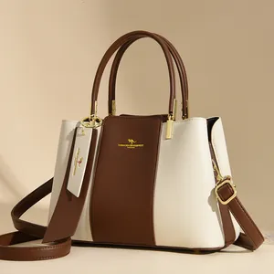 Women Genuine Leather Tote Bag Lychee Texture Handbag Large Capacity Contrast Color Shoulder Crossbody Bag For Daily Office