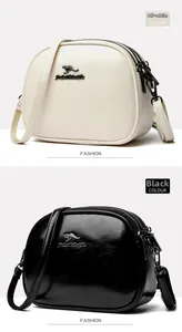 Detail of oil wax leather crossbody bags with multi-layer zippers in beige and black