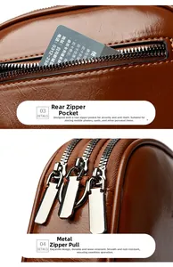 Detail of brown oil-wax leather bag with three-layer zippers and anti-theft back pocket