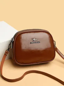 Women's Fashion Three-Layer Large Capacity Crossbody Bag Oil Wax Synthetic Leather Kangaroo Logo Shoulder Bag Vintage Shell Bag
