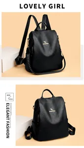 Detail of black pebbled leather backpack with golden kangaroo logo and adjustable straps