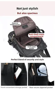 Detail view of black pebble leather backpack featuring anti-theft zipper and interior pockets
