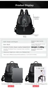 Infographic showing dimensions 32x27x13cm for the black embossed leather backpack