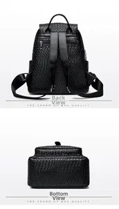 Detail showing the woven leather texture and back zip pocket of the black backpack