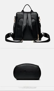 Detail view of the black leather backpack featuring back anti-theft pocket and bottom logo