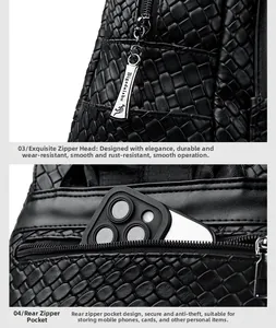 Detail of woven black leather backpack featuring anti-theft back pocket and metal zipper