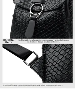 Detail of silver hardware and reinforced triangle strap stitching on black woven leather bag