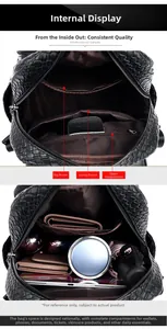 Interior view of black faux leather backpack showing compartments and large capacity