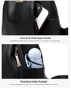 Detail of leather backpack featuring front anti-theft zipper and side pockets for storage