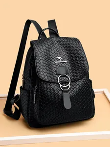 Black woven texture faux leather women's backpack with silver ring detail and top handle