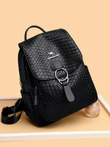 Women's black woven leather backpack with kangaroo logo and large capacity for travel