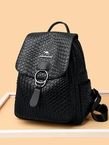 Elegant black woven leather backpack for women with silver kangaroo logo and large capacity