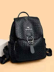 Women's black woven texture faux leather backpack with metallic kangaroo logo