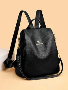 Classic black leather backpack with litchi texture and elegant gold kangaroo emblem