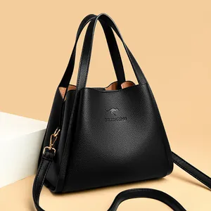 Women's Fashion Litchi Grain Bucket Bag Large Capacity Composite Cowhide Leather Handbag With Adjustable Shoulder Strap Tote Bag