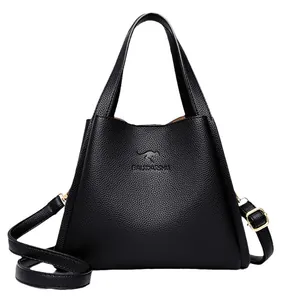 Black litchi grain bucket bag with adjustable strap and embossed kangaroo logo