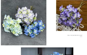 Detail of silk jasmine bouquets in pastel blue and purple tones with natural twine wrap