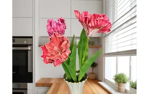 Fleurs artificielles amaryllis rouges dans un vase blanc sur plan de travail cuisine