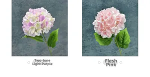 Detailed close-up of artificial hydrangea stems in light purple and pink colors