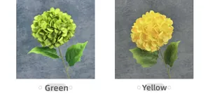 Detail of single-stem artificial hydrangeas in green and yellow for home decor