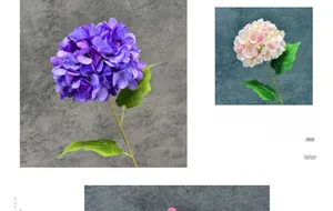 Detail of lifelike purple and yellow silk hydrangea heads for home wedding decor