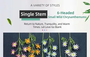 Detailed shot of artificial daisy spray with six vibrant flower heads and green leaves