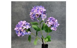Detail of 3-head hydrangea bouquet with realistic purple and blue gradient petals