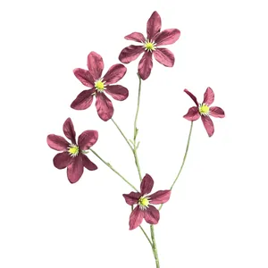 Ramo di clematide artificiale con cinque fiori di seta rosso porpora per decorazioni