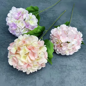 Three realistic silk hydrangea stems in purple and pink for home and wedding decor